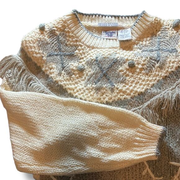 Vintage Huntington Ridge Hand Knit Fringe Sweater L Cream Gray Nordic Western - Picture 7 of 7